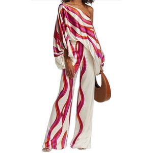 NEW Satin Abstract Loose 2 Pc Off Shoulder Wide Leg Pants L